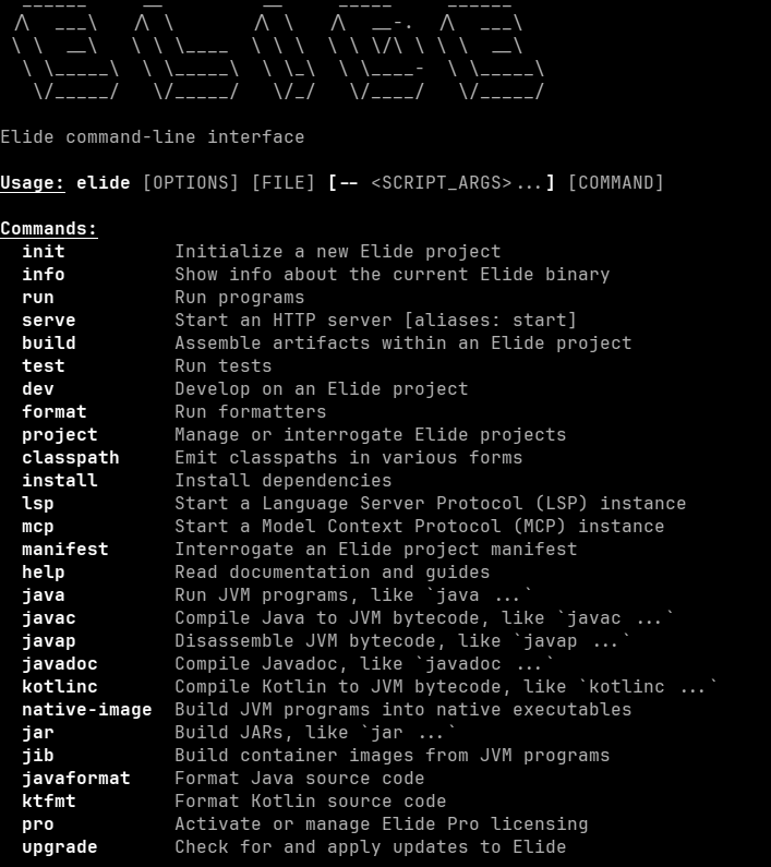 Help output from the Elide binary